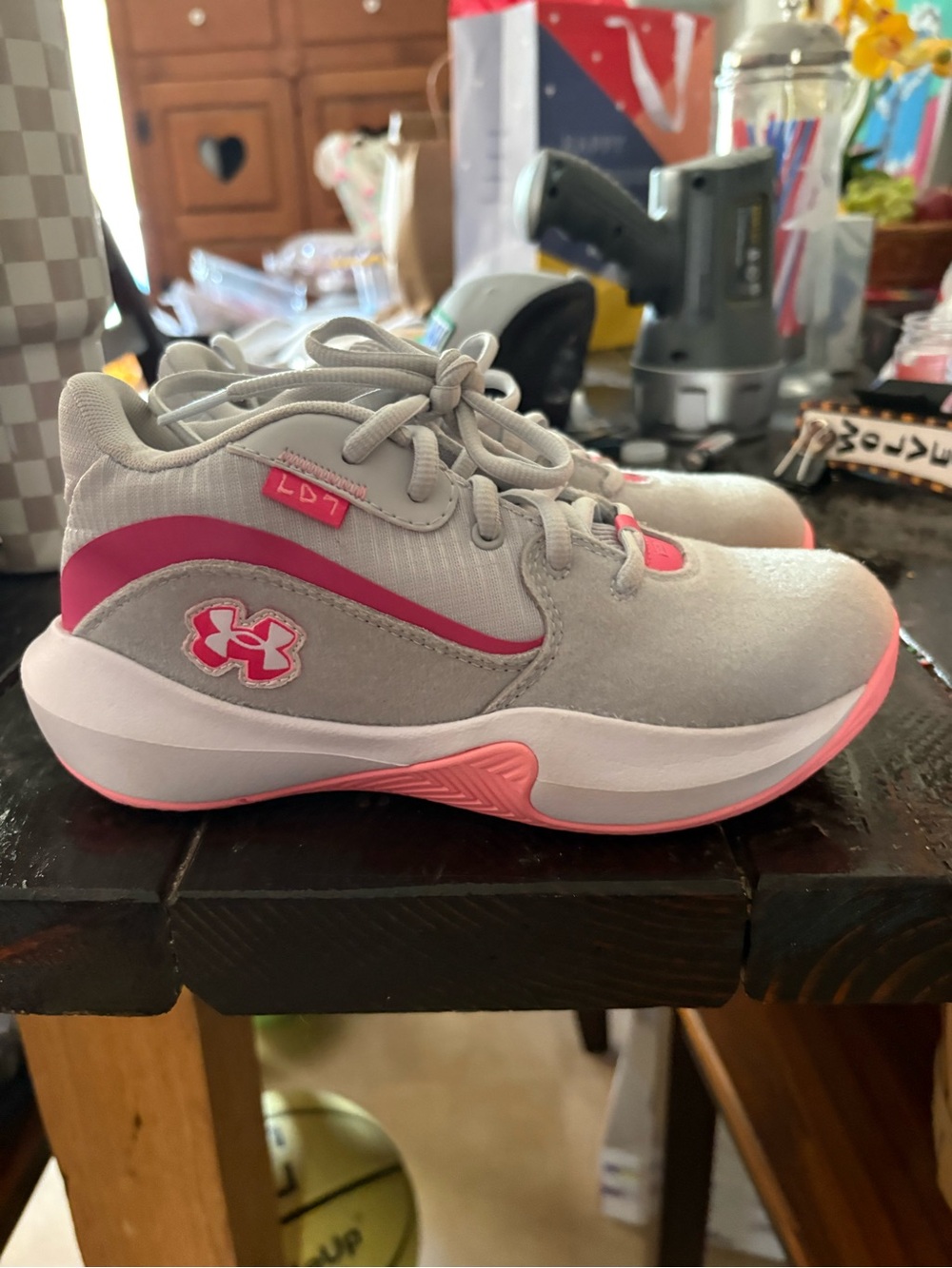 Under Armour Kids Gray and Pink Performance basketball Sneakers